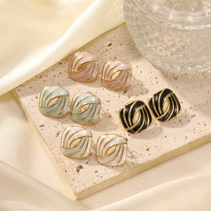 Vintage enamel square spiral stud earrings in pink, green, black and white color set