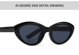 Detailed 45-degree side view of retro black cat-eye sunglasses with wide frames