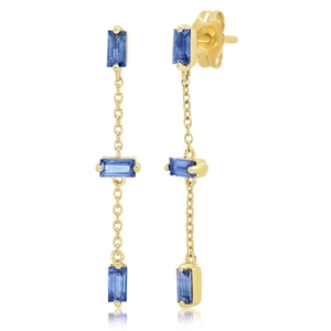 Elegant gold drop earrings with tiered blue rectangular crystals and long tassel fringe