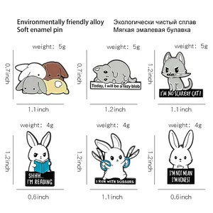 Size chart showing weight and dimensions for cute animal enamel pins and rabbit badges