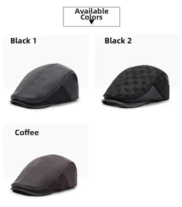 Close-up of winter baseball caps in black leather, plaid pattern and brown finishes