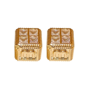 French style gold plated square stud earrings with cubic zirconia and m letter detail