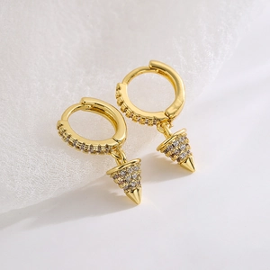 Mini 18K gold plated hoop earrings with zircon studded conical drops on mesh fabric