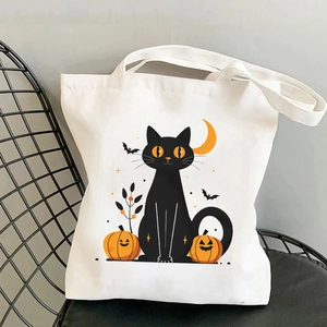 Sac Cabas Toile Halloween Chat Noir Citrouille Imprimé Écologique Réutilisable Grande Capacité Sac À Épaule Shopping