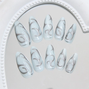 Silver 3D cat eye metallic press on nails with pearl white almond shape finish
