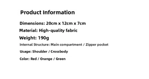 Detailed spec chart of 20x12x7cm soft leather crossbody bag with weight and interior info