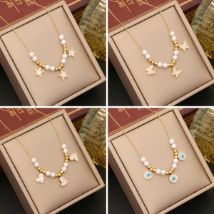 Stainless Steel Necklace Gold Plated Faux Artificial Pearl Star Heart Butterfly Evil Eye Pendants Elegant INS Style Jewelry