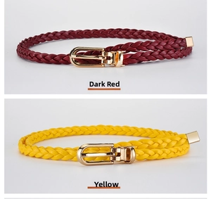 Detailed view of women's braided skinny belts in dark red and vibrant yellow colors