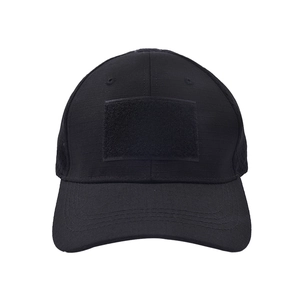 Detailed view of black tactical cap with hook-and-loop patch and ripstop fabric texture