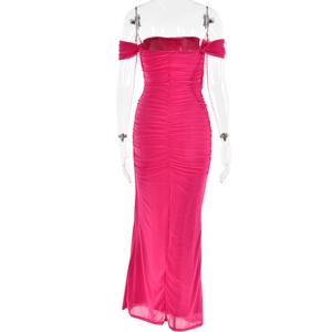 Detail of pink off-shoulder bodycon long dress with mesh stitching and ruched texture