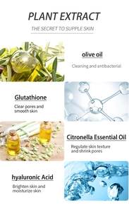 Infographic showing ingredients like Kojic acid, glutathione and hyaluronic acid benefits