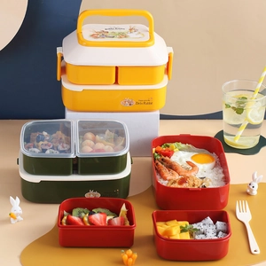 Double-layer rabbit bento lunch box with handles for kids and adults in yellow and green