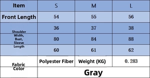 Size chart for grey knit jacket with jewelry neckline showing S M L dimensions and material