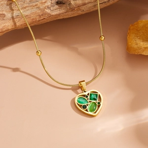 18k gold plated stainless steel heart necklace with green opal and rhinestones detail