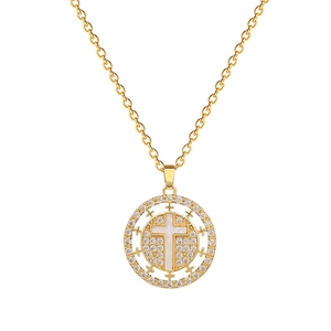 Elegant gold titanium steel necklace with a crystal-encrusted round cross shell pendant