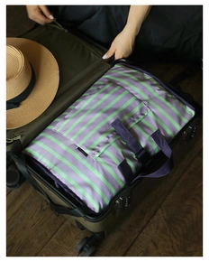 Detail of purple and green striped travel organizer bag being packed into a suitcase