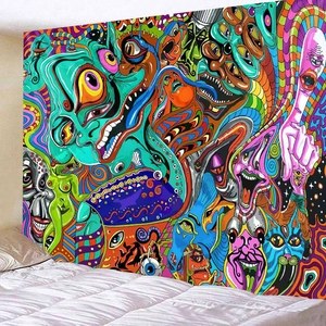 Detail of psychedelic wall tapestry featuring surrealist eye motifs in a bedroom setting