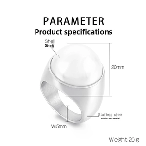 Vue détaillée d'une bague en acier inoxydable de 20 mm avec insert en nacre blanche