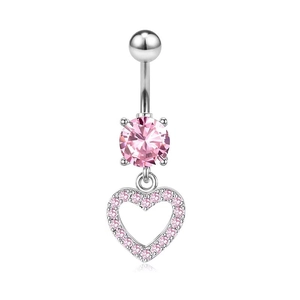 Detailed macro shot of a silver navel ring with pink heart pendant and cubic zirconia