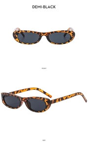 Detail view showing front and side of demi-black oval leopard print sunglasses