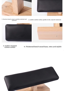 Close-up of premium black leather surface and polished beech wood base for nail hand rest