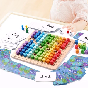 3-in-1 wooden multiplication board game with colorful pieces and math flash cards for kids
