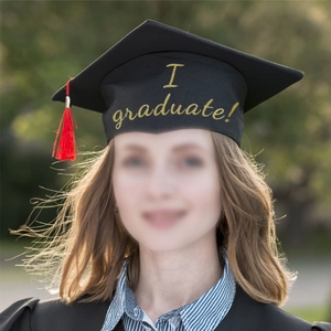 Black graduation cap and gown with red tassel and gold glitter I Graduate slogan