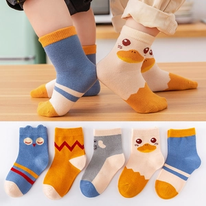 Five pairs of kids cotton mesh crew socks with cute cartoon animal patterns in assorted colors