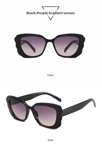 Front and side views of butterfly frame sunglasses with black wave edges and purple gradient lenses