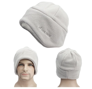 Detailed views of light grey fleece beanie showing embroidered logo and thermal texture
