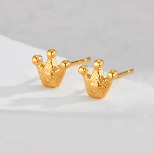 Exquisite gold stainless steel crown stud earrings with a textured metallic finish