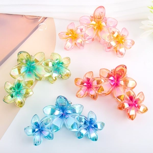 Jelly color frangipani flower claw clips set with iridescent pearl finish for women