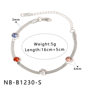 Macro detail of silver steel bracelet with colored zircons showing 16cm plus 5cm length