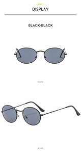 Detailed front and 45-degree views of vintage oval metal sunglasses in black finish