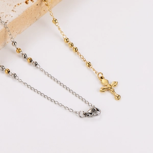 Hip hop stainless steel bead chain necklaces with cross pendants in gold and silver finish