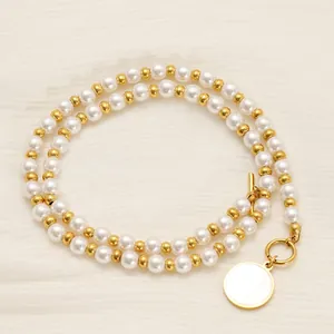 Collana Con Pendente Rotondo In Madreperla Acciaio Inossidabile Placcato Oro Perla Artificial Sintetica Chiusura OT Gioielli Eleganti Da Donna
