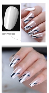 Detail view of NDA013 long coffin nails with white French tips and black wavy lines