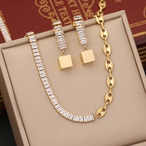 Stainless Steel Jewelry Gold Plated Coffee Bean Chain Rectangular Zircon Necklace Bracelet And Earrings For Women