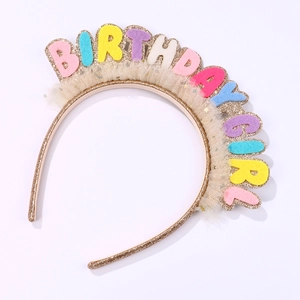 Detail of BIRTHDAY GIRL headband featuring glitter gold band and colorful felt letters