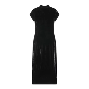 Elegantes schwarzes Samt-Maxikleid im Cheongsam-Stil mit Stehkragen und kurzen Ärmeln