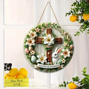 Easter Blessings Round Wood Sign Cross Bunny Flowers Front Door Hanger Rustic Farmhouse Holiday Wall Hanging Decor