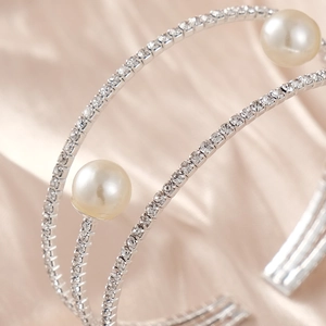 Elegant silver multi-layer open cuff bracelet with pearls and sparkling rhinestones
