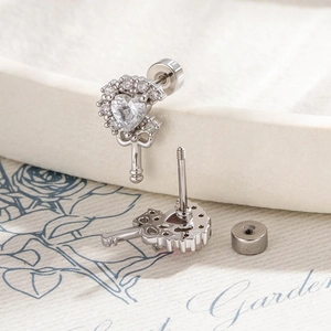 French vintage silver heart key earrings with cubic zirconia and screw-back design
