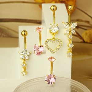 Five-piece heart-shaped belly button ring set with pink and white zircon in gold finish