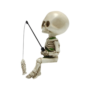 Resin skeleton fishing figurine with green moss detail for Halloween garden decor