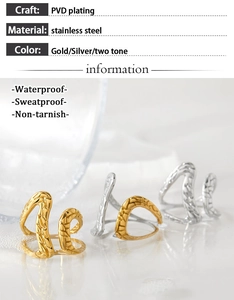 Infographic showing waterproof PVD plated stainless steel ring specs and textures