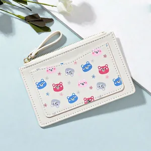 Mini floral bear embroidery PU leather coin purse with zipper and hand strap