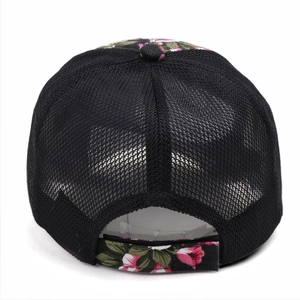 Breathable black mesh sun hat with floral pattern detailing and adjustable back strap