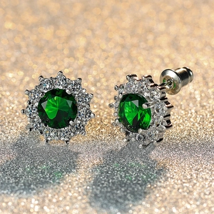Sunflower halo stud earrings with green emerald zircon and silver finish for women