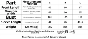 Size guide for women cotton linen shirt set showing measurements in S M and L